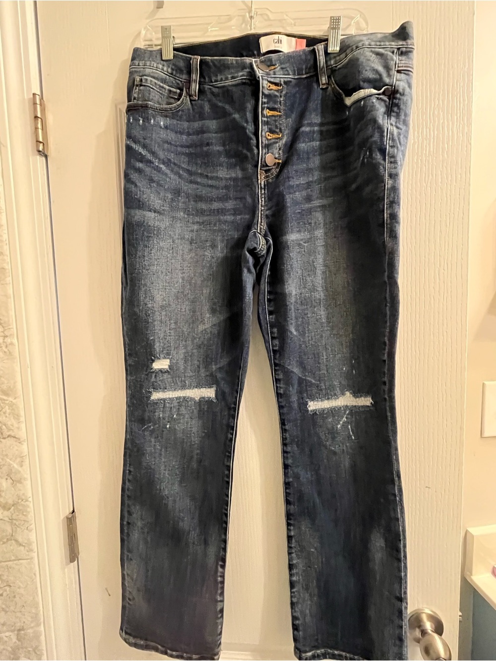CAbi Distressed Straight Leg Jeans in Dark Blue Wash
